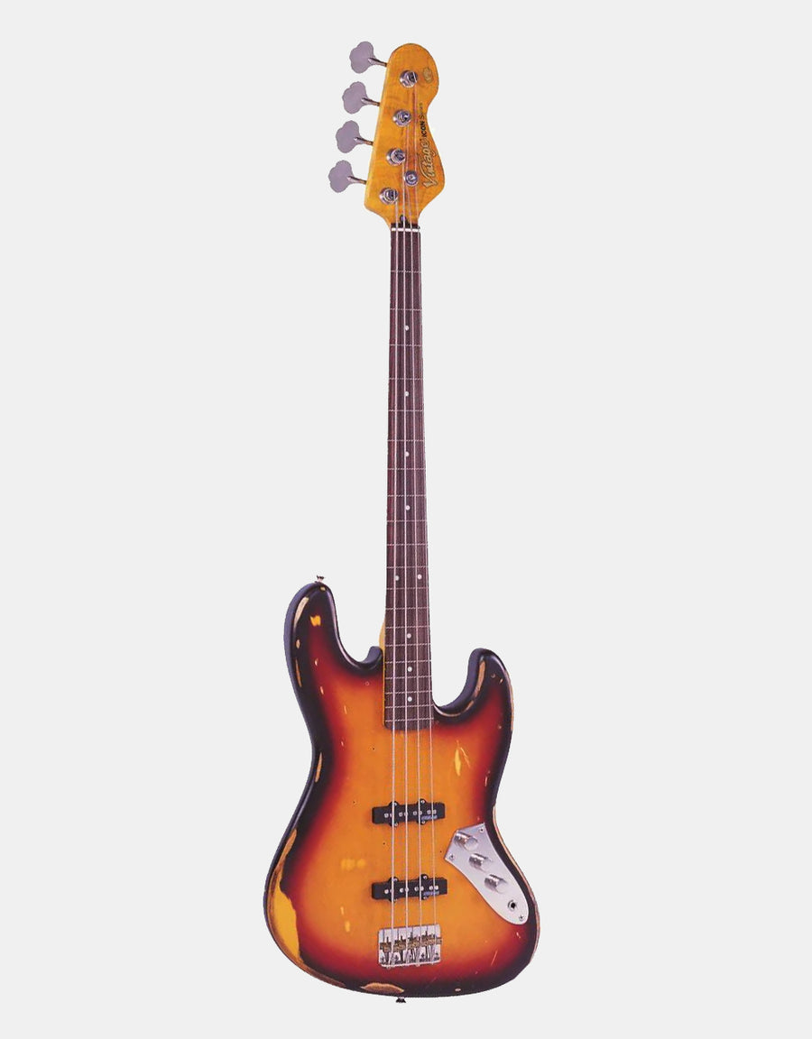 Vintage V74 ICON Fretless, Distressed Sunset Sunburst